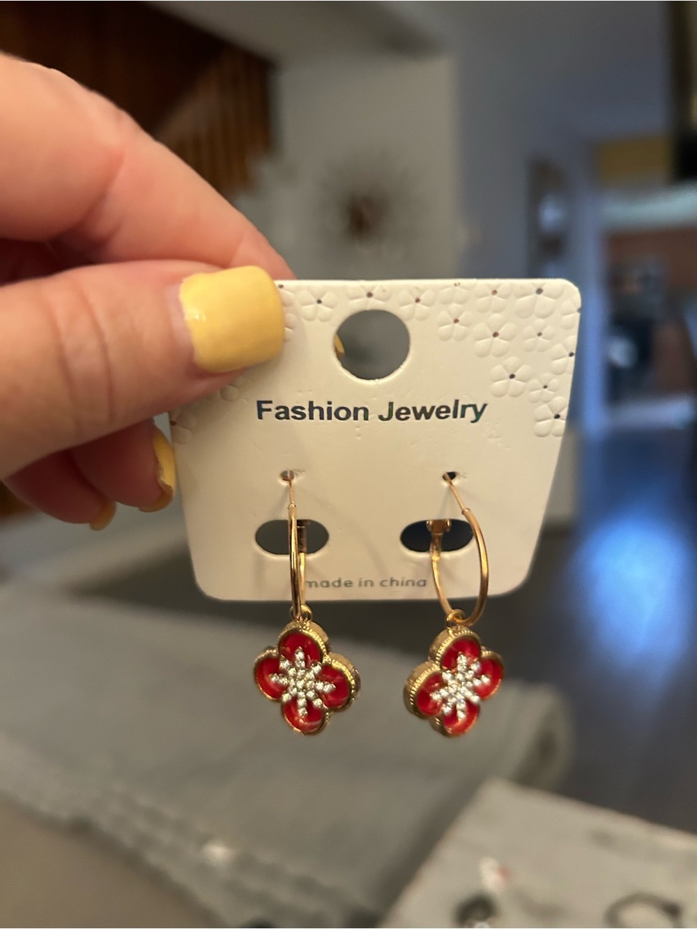 NWT Red Enamel & Rhinestone Clover Hoop Earrings - Gold Tone